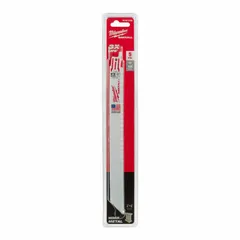 This 9-inch reciprocating saw blade is designed for cutting thin metal, with 18 teeth per inch for straight cuts and a flexible body for curved cuts. It is suitable for use in fabrication, HVAC, and demolition applications. The blade thickness is 0.04 inches, and it comes in a 5-pack.
