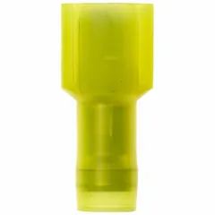 Fully insulated male tab quick disconnect with yellow nylon full-coverage housing. Accepts 12 AWG to 10 AWG wire sizes. Used for making reliable, removable electrical connections in control panels, machinery, and power distribution applications.