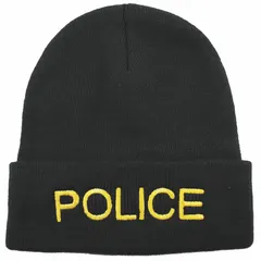 This beanie hat is made of acrylic knit material in black with gold lettering. It is a universal size suitable for most adults. Commonly used as a cold-weather cap for casual wear or as part of a uniform accessory.