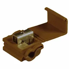 Insulation displacement connector with two ports for splicing or tapping solid or stranded copper wires. Accepts 18 AWG to 10 AWG run sizes. Rated for 1000 V maximum. Suitable for use in junction boxes, lighting, and control panels.