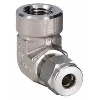 This double-ferrule stainless steel compression elbow connects 6 mm OD tubing to a 1/4 in female NPT pipe port at a 90° angle. It is used in industrial fluid systems for leak-tight tube-to-pipe transitions. Compatible with Swagelok fittings