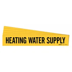 Yellow adhesive pipe marker with black legend text reading 'Heating Water Supply'. Designed for pipe outer diameters of 8 inches and larger. Sold in a 5-pack without arrows. Used to identify hot water supply lines in industrial piping systems.