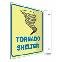 This 8 in x 8 in PETG sign is designed for tornado shelter identification. It features mounting holes for installation and is glow-in-the-dark for visibility in low-light conditions. The sign is not retroreflective