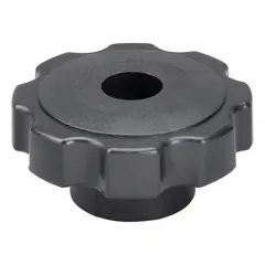 This 8-arm knob features a threaded through-hole for secure mounting on studs or threaded rods. The plastic body with steel thread insert provides corrosion resistance and a positive grip. Typical applications include manual adjustment and clamping on machinery, jigs, and fixtures.