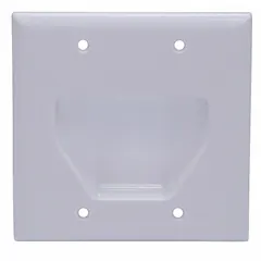 White plastic 2-gang wall plate with 6 recessed ports in vertical orientation. Designed for organizing and concealing cable connections behind a clean faceplate. Accepts standard keystone inserts for audio/video, data, or other low-voltage applications.
