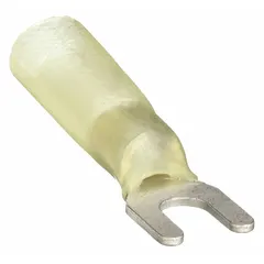 Yellow heat-shrink insulated fork terminal with #8 stud size, accommodating 12 AWG to 10 AWG wire range in a standard fork configuration. Designed for secure crimp connections in electrical wiring applications, the heat-shrink sleeve provides strain relief and protection against moisture and vibration.