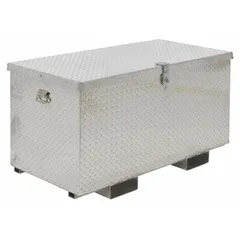 Chest-style jobsite box with 14 cu ft storage capacity. Exterior dimensions: 37 1/4 in W x 25 7/8 in D x 28 1/16 in H. Silver finish. Equipped with a padlock hasp for user-supplied lock (lock not included). Suitable for securing tools and equipment on construction sites, workshops, and industrial facilities.