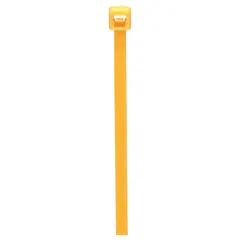 Orange cable tie for bundling wires and cables in outdoor applications. Nominal length 8 in, maximum bundle diameter 1 15/16 in, width 0.14 in. Pack of 100.