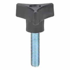 Three-arm knob with threaded stud for manual clamping, positioning, and adjustment on industrial machinery, jigs, and fixtures. Plastic body with steel thread provides a comfortable grip and secure fastening. Diameter: 1.75 in. Thread: 3/8"-16.