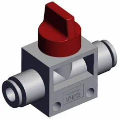 Manual air control valve with knob actuator for start, stop, or redirect of compressed air flow in pneumatic systems. Features 2 ports, 6 mm side-ported body, and red actuator. Suitable for panel-mount or inline applications in industrial automation and assembly lines.