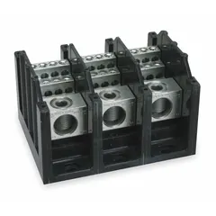 Open power distribution block with copper construction and surface mount configuration. Features lug-to-lug design for line side wire sizes from 6 AWG to 350 kcmil. Used to distribute power from a single input to multiple outputs in industrial control panels, switchgear, and machinery.