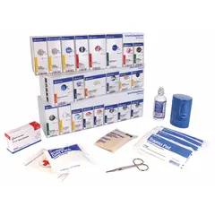 Bulk, latex-free first aid kit refill meeting ANSI/ISEA Z308.1-2021 Type I/II standards. Serves up to 50 people with 226 components including 50 adhesive bandages, 30 BZK wipes, and a splint. Intended for food service environments; not water resistant and contains no oral or inhalant medication.