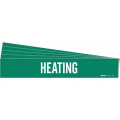 Green adhesive pipe marker with white legend text reading 'Heating'. Designed for pipe outer diameters from 2-1/2 to 7-7/8 inches. Each pack contains 5 markers, each without directional arrows. Used to identify pipes carrying hot water, steam, or thermal fluids in industrial facilities.
