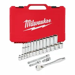 This 28-piece SAE socket set includes 6-point sockets ranging from 1/4 in to 1 in with a 3/8 in drive. The set features a friction ball retention system to secure sockets on the drive tool. Suitable for fastening and loosening nuts and bolts in automotive repair, machinery maintenance, and general assembly tasks.