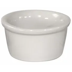 White porcelain ramekin with 2.75 oz capacity. Oven safe, microwaveable, and dishwasher safe. Suitable for serving individual portions, condiments, or baking small desserts in commercial kitchens and food service settings.
