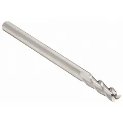 Carbide square end mill with 3/16" cutting diameter, 5/8" length of cut, and 3" overall length. Three-flute design for general-purpose milling of metals and alloys, producing flat-bottomed slots, shoulders, and contours.