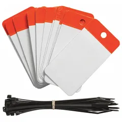 Orange polyester plain tag with 10-point card stock thickness. Measures 4-3/4 in high by 2-3/8 in wide. Sold in packs of 25. Used for durable identification and shipping applications in industrial environments.