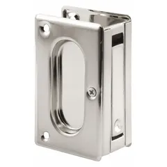 This combination tray and edge pull is made of brass with a satin nickel finish. It features unthreaded holes for mounting and is suited for use on cabinet doors, drawers, or sliding panels where a low-profile pull is required.