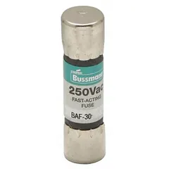 Fast-acting midget cylindrical fuse rated 30 A at 250 V AC. Non-indicating design with dimensions 13/32 in x 1 1/2 in. Provides overcurrent protection in control panels, motor circuits, and lighting systems where rapid response to short circuits is required.