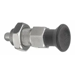 This locking pull-knob indexing plunger features an 18-8 stainless steel body and a 400 series stainless steel plunger. It has a 3/4"-10 thread and includes a jam nut for secure mounting. Used for precise positioning and locking of machine components such as rotary tables, fixtures, and sliding mechanisms in industrial automation and workholding applications.