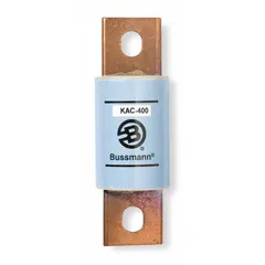 The BUSSMANN KAC-400 is a fast-acting, non-indicating bolt-on fuse rated at 400 A and 600 V AC. Designed for AC-only circuits, it provides overcurrent protection for semiconductor devices such as rectifiers, inverters, and power supplies. The bolt-on mounting style ensures secure installation in industrial power conversion and motor drive equipment.