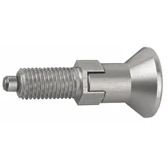 This locking pull-knob indexing plunger features an 18-8 stainless steel body and a 400 series stainless steel plunger. It has a 3/4"-16 thread size and is used for precise positioning and locking of machine components such as rotary tables, fixtures, and sliding mechanisms in industrial automation and workholding applications.