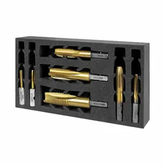 This 12-piece set includes M8 impact taps made from TiN coated high speed steel with 6H tolerance. Designed for use with impact drivers, the taps create internal threads in metal during industrial tapping operations.
