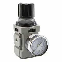 Aluminum air regulator with 1/4 in NPT port, 64 scfm flow capacity, adjustable outlet pressure from 5 psig to 125 psig, and maximum operating pressure of 300 psig. Used in compressed air systems to reduce and stabilize supply pressure for pneumatic controls and industrial machinery.