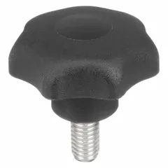 This 7-arm knob features a plastic body with a stainless steel M5 threaded stud, 20 mm thread length, and 25 mm diameter. The multi-arm design provides ergonomic grip for manual adjustment or clamping on machinery, jigs, and fixtures. Suitable for light-duty applications where corrosion resistance is required.
