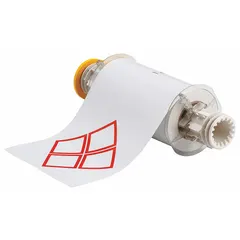 Pre-cut label roll with red GHS/CLP 4B diamond pattern, sized 6 3/32 in x 8 19/64 in. Made of white vinyl with acrylic adhesive. Compatible with BBP85 printer series. Used for printing hazard diamonds on chemical containers and drums to meet labeling regulations.