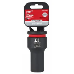 This 3/4" drive deep impact socket features a 17 mm metric 6-point design with friction retention. The black phosphate finish provides corrosion resistance. Suitable for heavy-duty fastening and loosening tasks with impact wrenches in automotive, industrial, and construction settings.