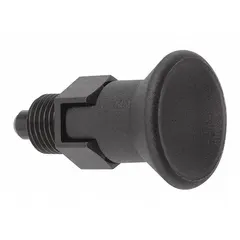 This locking short-pin pull-knob indexing plunger is made of stainless steel with an M8x1 thread. It provides a nose force ranging from 4 N to 12 N for secure positioning. Typical applications include precise locking and indexing of machine components such as rotary tables, fixtures, and sliding mechanisms in industrial automation and assembly operations.