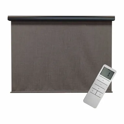KEYSTONE FABRICS Sun Shade: Black/Gray/White, 6 ft Valence Wd, Motor with Remote Control - Regal Series