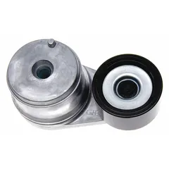 Self-adjusting belt tensioner for maintaining proper tension on engine accessory drive belts. Features a single steel pulley with a 3-inch outside diameter. Rated for heavy-duty performance in demanding vehicle applications.