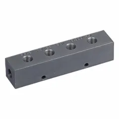 Steel valve manifold with 3/8" NPTF port connections and NPT port type. Overall height of 1.5 in. Used in hydraulic systems to mount and distribute fluid to multiple valves.
