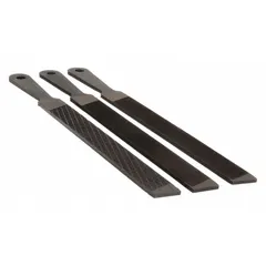 This file set includes three 10-inch files: a Flat Chip-Breaking, a Flat with Handle, and a Mill Bastard with Handle. Supplied in a pouch for organized storage, it is suited for metalworking tasks such as deburring and shaping metal edges.