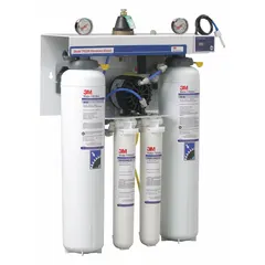 Reverse osmosis system reduces chlorine odor. Overall height 15 7/8 in, maximum operating pressure 125 psi. Includes cartridges. Suitable for point-of-use water treatment in commercial or industrial settings.