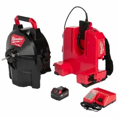 This cordless drum machine is designed for clearing blockages in pipes from 1 1/4 in to 4 in. It features a 5/16 in cable diameter and is powered by the M18 battery system. The switch pack provides control for operation in plumbing and maintenance applications.