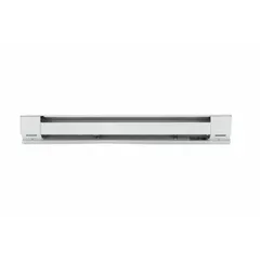 Commercial-grade electric baseboard heater with conventional white housing. Operates at 208 V AC with 750 W output. Thermostat not included. Suitable for supplemental or primary space heating in commercial environments.