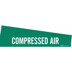 Green adhesive pipe marker with white legend reading 'Compressed Air'. Fits pipe outer diameter 2-1/2 to 7-7/8 inches. Sold in a 5-pack without arrows. Used to identify compressed air lines in industrial piping systems.