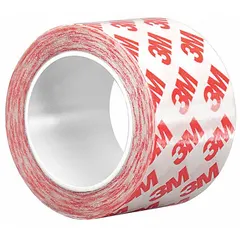 Permanent double-sided film tape with acrylic adhesive on a polyester film backing. Provides a thin, strong bond for mounting, splicing, and attachment tasks in industrial settings. Roll width 3 in, length 5 yd, thickness 8.3 mil.