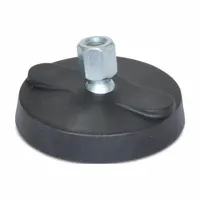 Swivel female leveling mount with a glass filled nylon body and zinc-plated finish. Thread size 1/2"-13, load capacity 5,000 lbf. Mounting holes not included. Used for leveling and stabilizing machinery, workstations, and heavy equipment