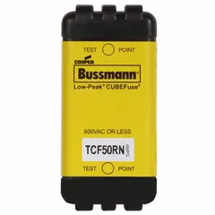 The BUSSMANN TCF50RN is a Class CF, TCF Series time-delay cube fuse rated 50 A, 600 V AC, and 300 V DC. It is non-indicating and designed for overcurrent protection in industrial equipment, particularly in motor circuits, transformers, and other inductive loads where inrush currents occur.