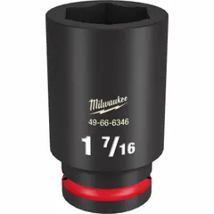 This 3/4" drive impact socket features a 1-7/16" SAE hex size with a 6-point deep profile for secure engagement on fasteners. The friction ring retention system holds the socket on the anvil during use. Suitable for heavy-duty fastening and loosening applications with impact tools in industrial and automotive settings.