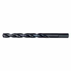 High-speed steel jobber-length drill bit with black oxide finish and parabolic flute design for efficient chip evacuation in deep-hole drilling. Features a 135° split point for self-centering and reduced thrust. Suitable for general-purpose drilling in steel, stainless steel, and other metals in maintenance, fabrication, and production applications.