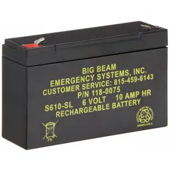 Sealed lead acid battery for emergency and exit lighting systems. Provides backup power during outages to maintain egress lighting. 6 V, 10 Ah capacity. Dimensions: 6 in depth, 3 3/4 in height. Compatible with model E4XL1RW.