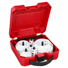 This 28-piece hole saw kit features bi-metal construction with 3.5 teeth per inch and a maximum cutting depth of 1-5/8 inches. Suitable for cutting wood, metal, and plastic in applications such as electrical, plumbing, and HVAC installations.