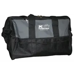 This nylon wide-mouth tool bag in black/gray features 12 pockets for organizing hand tools, power tools, and accessories. Suitable for job sites and workshops, the bag provides easy access and storage for various trades.