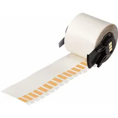 Precut wraparound label made of orange matte vinyl, sized 1 1/2 in x 1/4 in, for wire gauges 10 AWG to 4 AWG. Compatible with BMP61 printer series; requires M61-R4310 ribbon. Used for permanent identification of wires in electrical panels, machinery, and cable management.