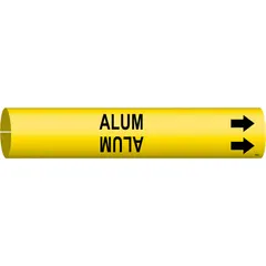 Yellow snap-on pipe marker with black legend text reading 'Alum'. Fits pipe outer diameters of 4 to 6 inches. Includes directional arrows for flow indication. Used for identifying piping systems in industrial facilities.